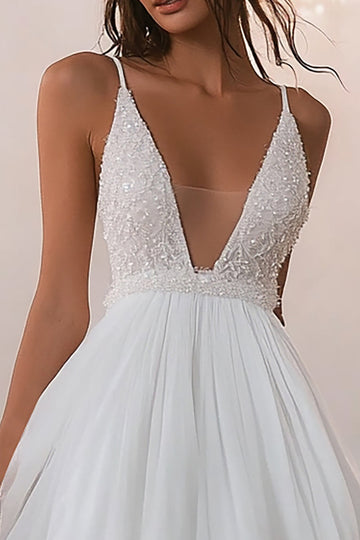 Robe en tulle blanc à col en V A Line
